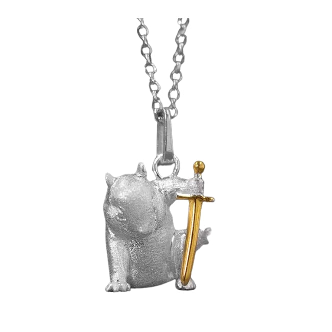 Squirrel with Sword Sterling Silver Pendant with Gold