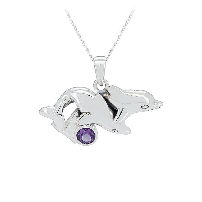Dolphin Pair Sterling Silver Pendant with Amethyst