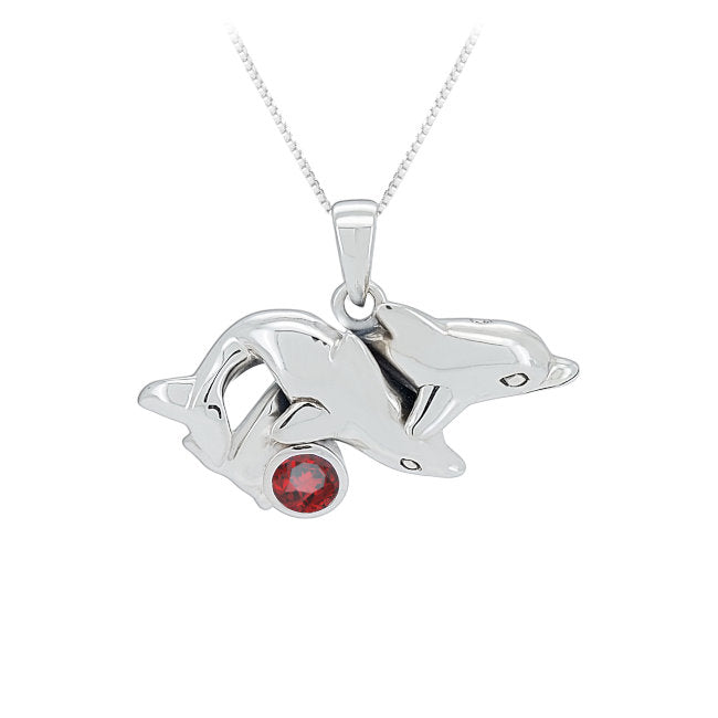 Dolphin Pair Sterling Silver Pendant with Garnet