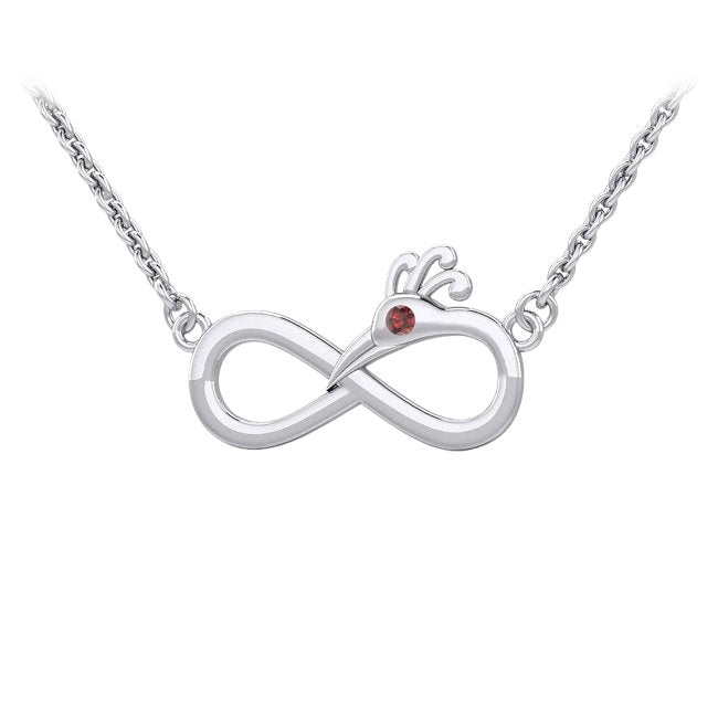 Peacock Infinity Sterling Silver Necklace with Garnet