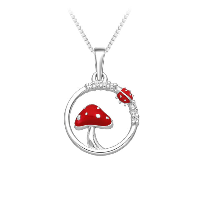 Ladybug & Mushroom Sterling Silver Pendant with Cubic Zirconia & Enamels