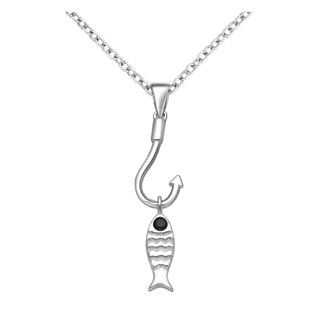 Fish with Hook Sterling Silver Pendant with Cubic Zirconia