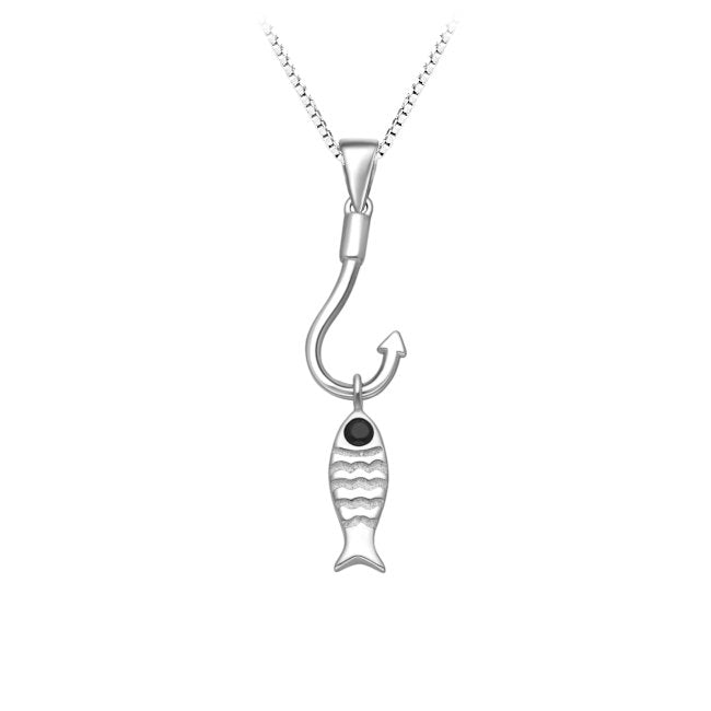 Fish on a Hook Sterling Silver with Cubic Zirconia Pendant