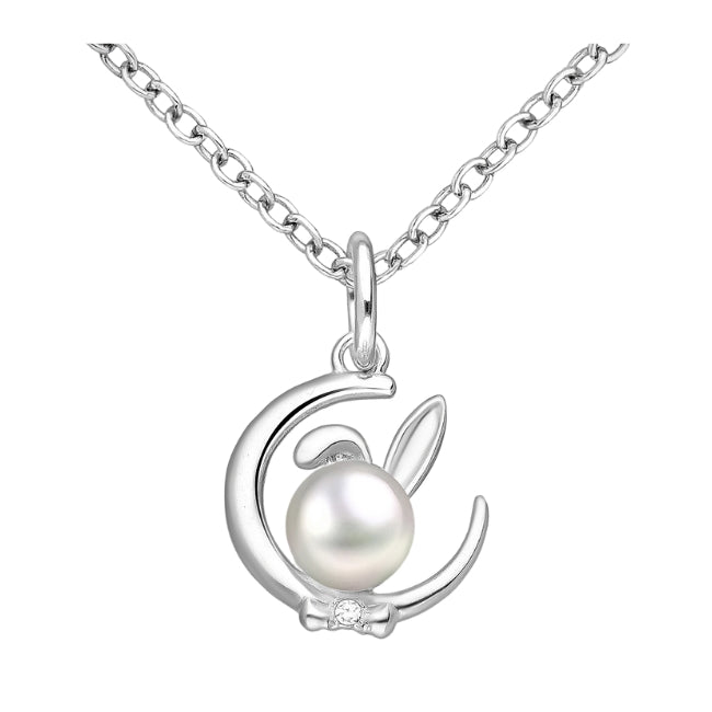 Rabbit & Moon Sterling Silver Pendant with Freshwater Pearl & CZ