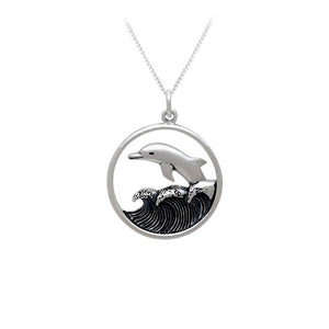 Dolphin Jumping in Waves Sterling Silver Pendant
