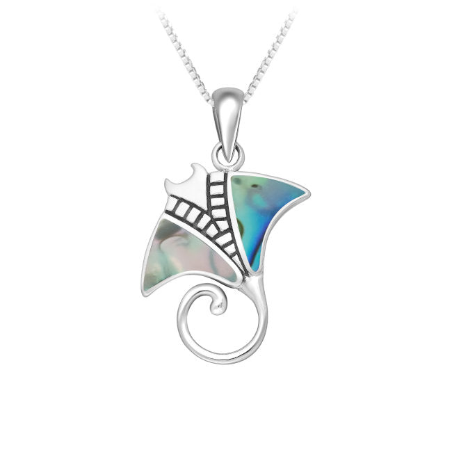 A silver pendant necklace featuring a stylized manta ray design with iridescent abalone shell inlay on a white background.