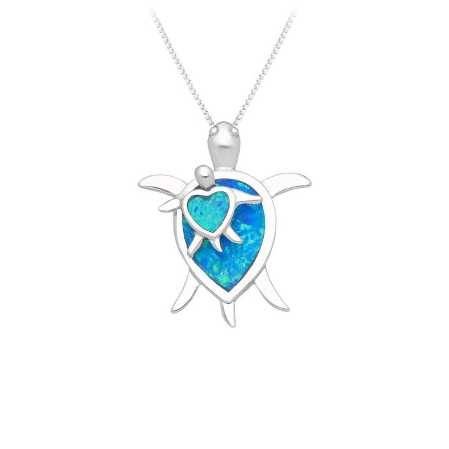 Turtle & Hatchling lab-created Opal & Sterling Silver Pendant