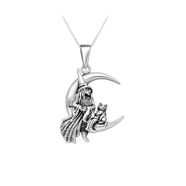Cat, Witch & Moon Sterling Silver Pendant