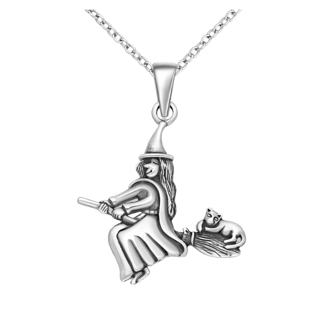 Cat & Witch on Broomstick Sterling Silver Pendant