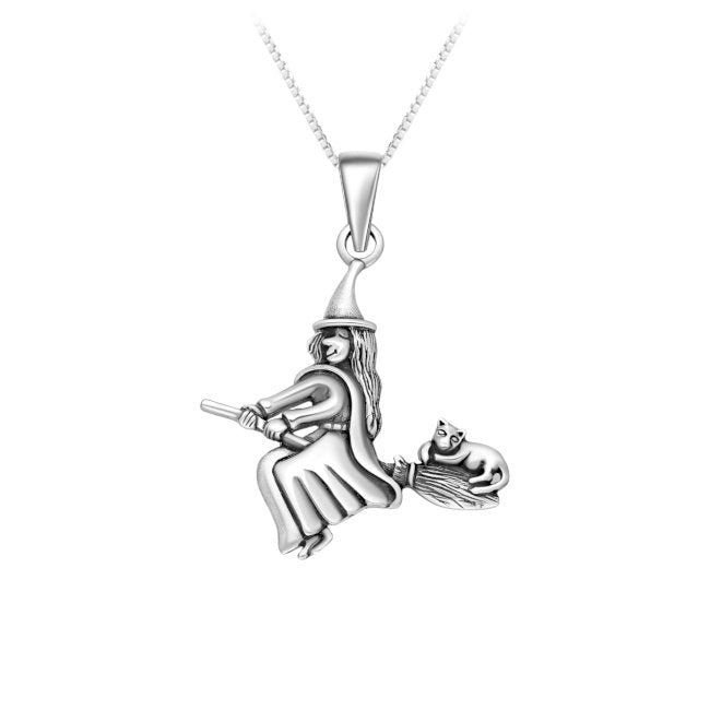 Cat & Witch on Broomstick Sterling Silver Pendant