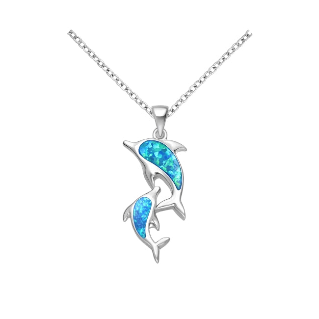 Dolphin Mum & Calf Sterling Silver Pendant with lab-grown Opals