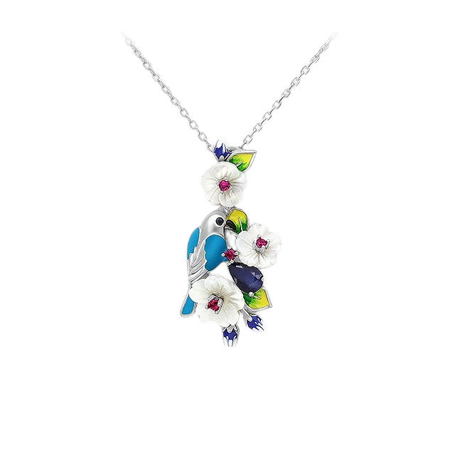 Bluebird Sterling Silver and Blue Sapphire Black Spinel CZ Enamels Necklace