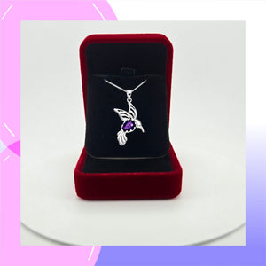 Sterling Silver Hummingbird and Amethyst Pendant presented in a gift box