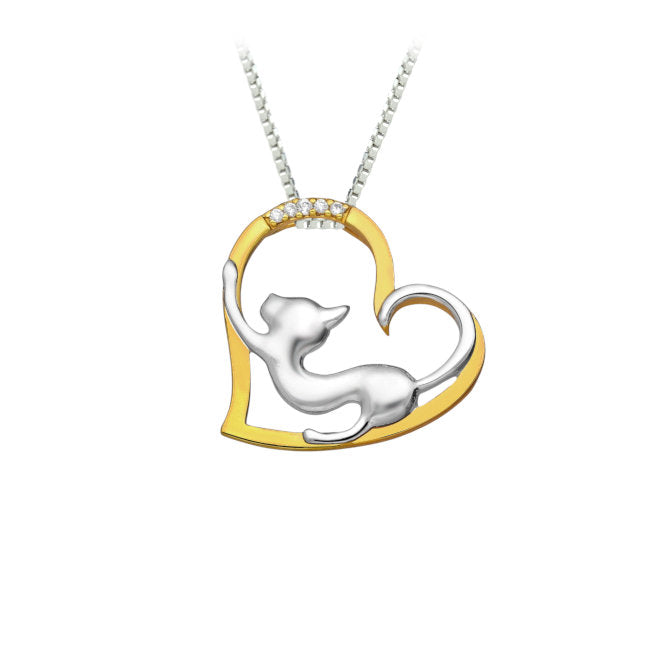 Heart Cat Sterling Silver 18kt Gold & Cubic Zirconia Pendant