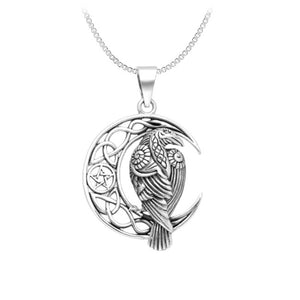 Raven Crescent Moon Star Celtic Sterling Silver Pendant