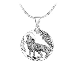 Howling Wolf Feather & Moon Sterling Silver Pendant