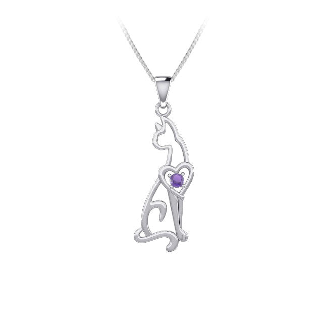 Cat Heart Sterling Silver Pendant with Amethyst