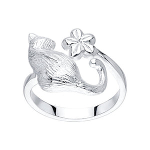 Cat & Flower Sterling Silver adjustable Ring
