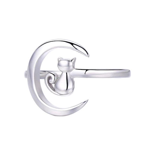 Cat & Moon Sterling Silver adjustable Ring