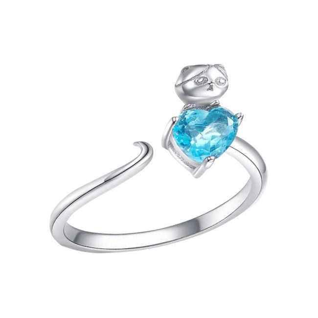 Heart Cat Sterling Silver adjustable Ring with Cubic Zirconia