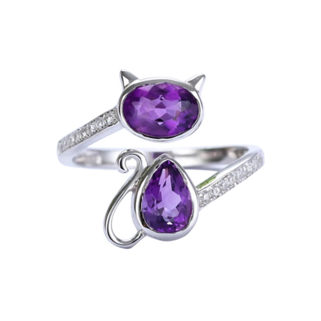 Cat Amethyst Sterling Silver adjustable Ring