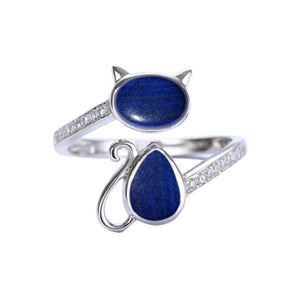 Cat Sterling Silver adjustable Ring with Lapis Lazuli & Cubic Zirconia