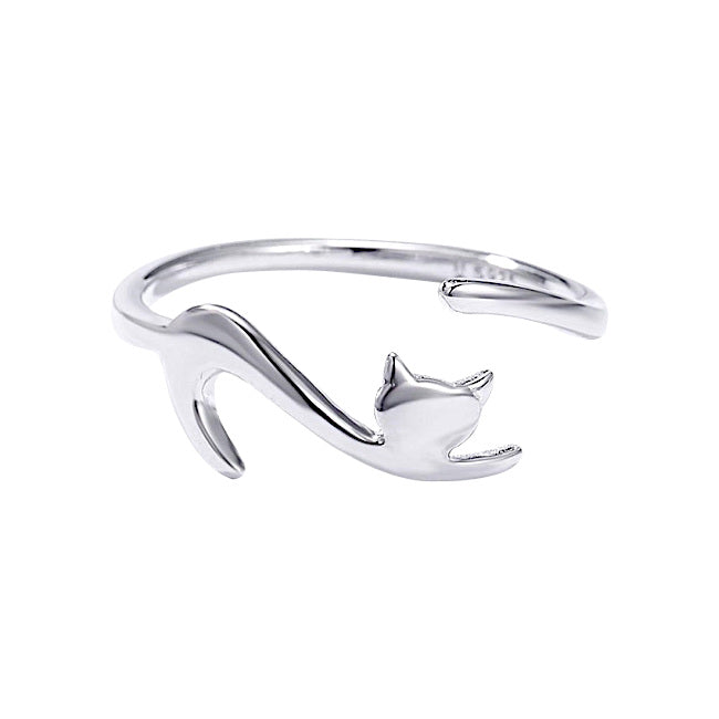 Cat Stretching Sterling Silver adjustable Ring