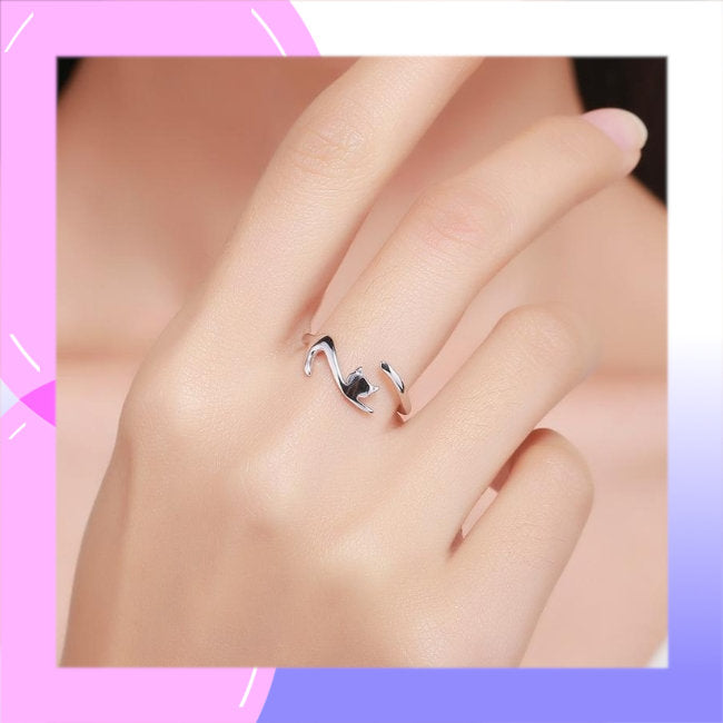 Cat Stretching Sterling Silver adjustable Ring modelled