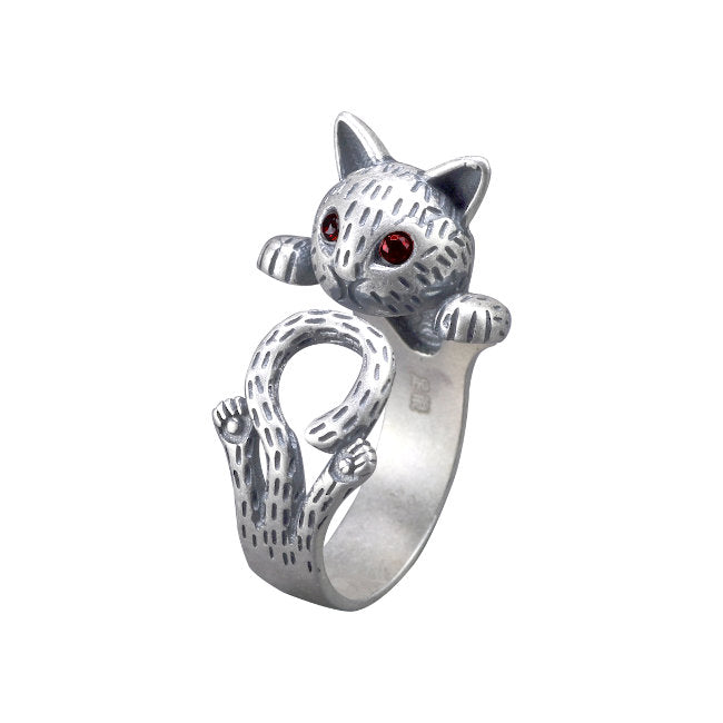 Red Eyed Cat Sterling Silver adjustable Ring with Cubic Zirconia