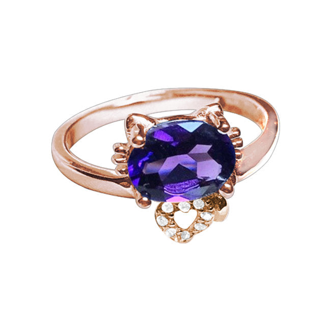 Cat Sterling Silver adjustable Ring with Rose Gold & Amethyst