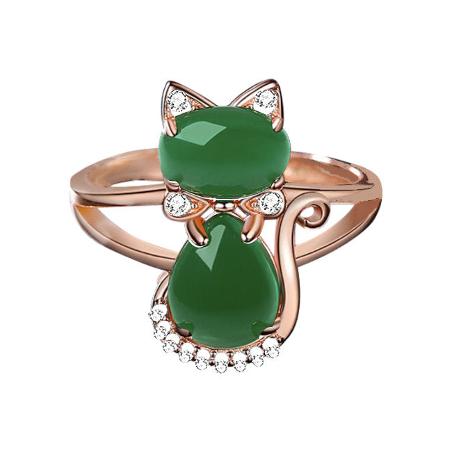 Cat Sterling Silver adjustable Ring with Agate & Rose Gold