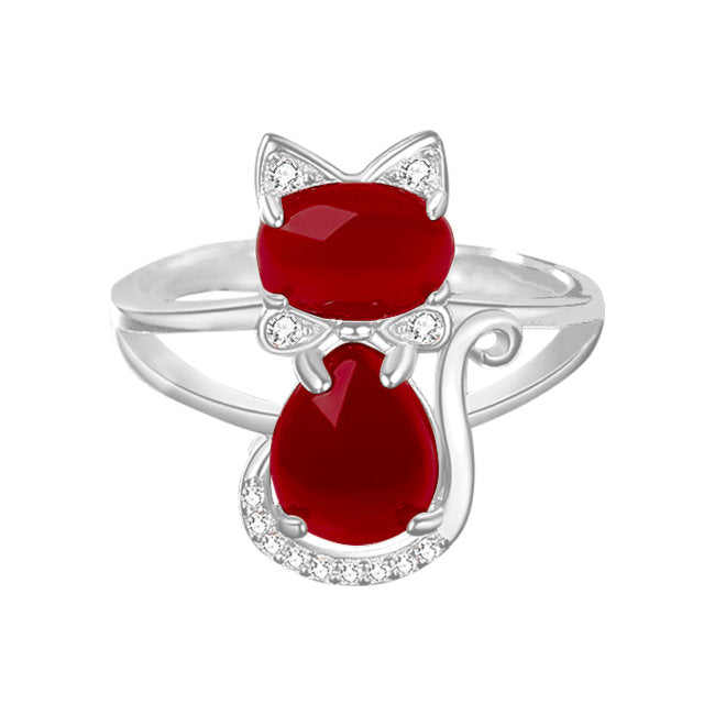Lucky Cat Sterling Silver with Red Agate adjustable Ring