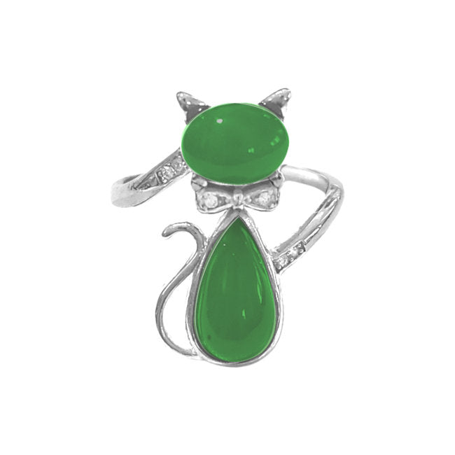 Serenity Cat Sterling Silver adjustable Ring with Jade