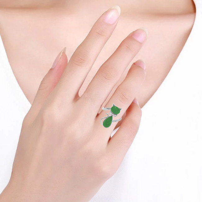 Serenity Cat Sterling Silver adjustable Ring with Jade & Crystal modelled