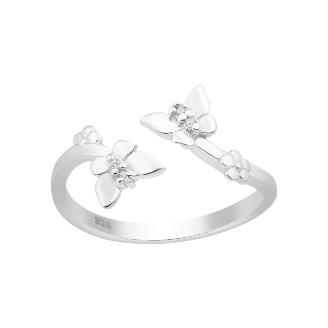 Butterflies & Flowers Sterling Silver adjustable Ring with Cubic Zirconia