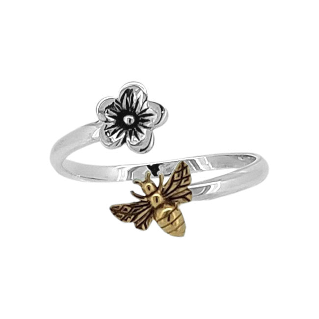 Bee & Flower Sterling Silver & Bronze adjustable Ring