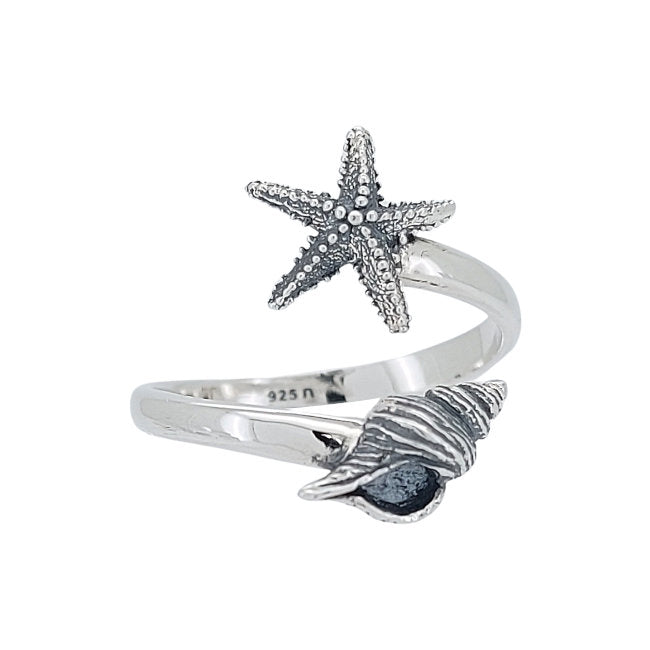 Starfish & Conch Shell Sterling Silver adjustable Ring