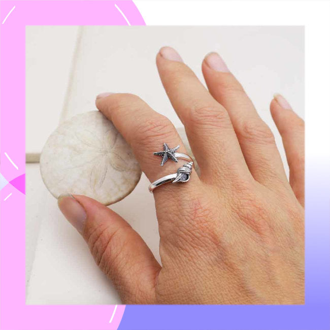 Starfish & Conch Shell Sterling Silver adjustable Ring modelled