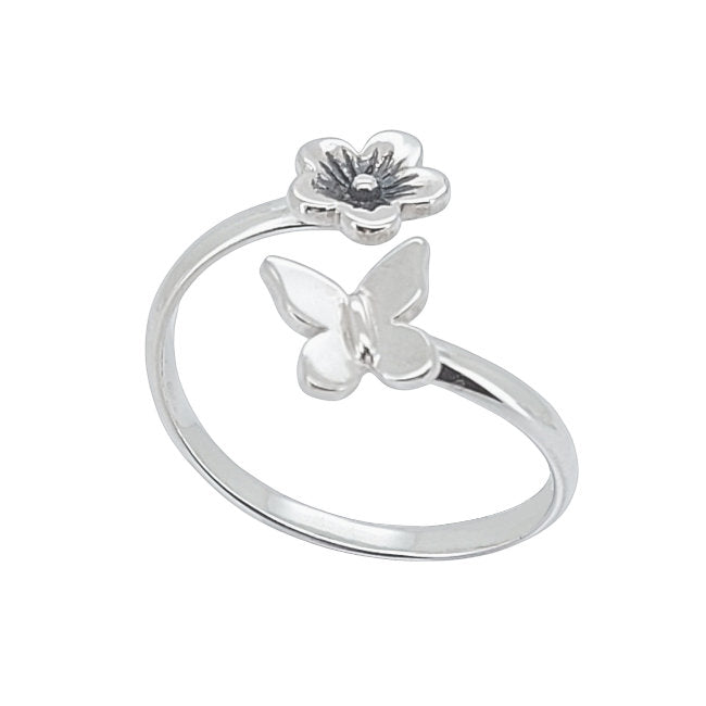 Butterfly & Flower Sterling Silver adjustable Ring