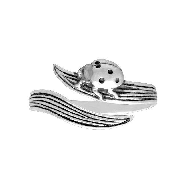 Ladybug Beetle Insect & Leaf Sterling Silver adjustable Ring