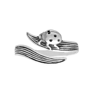 Ladybug Beetle Insect & Leaf Sterling Silver adjustable Ring