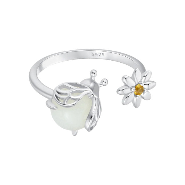 Firefly Beetle Sterling Silver adjustable Ring with Cubic Zirconia