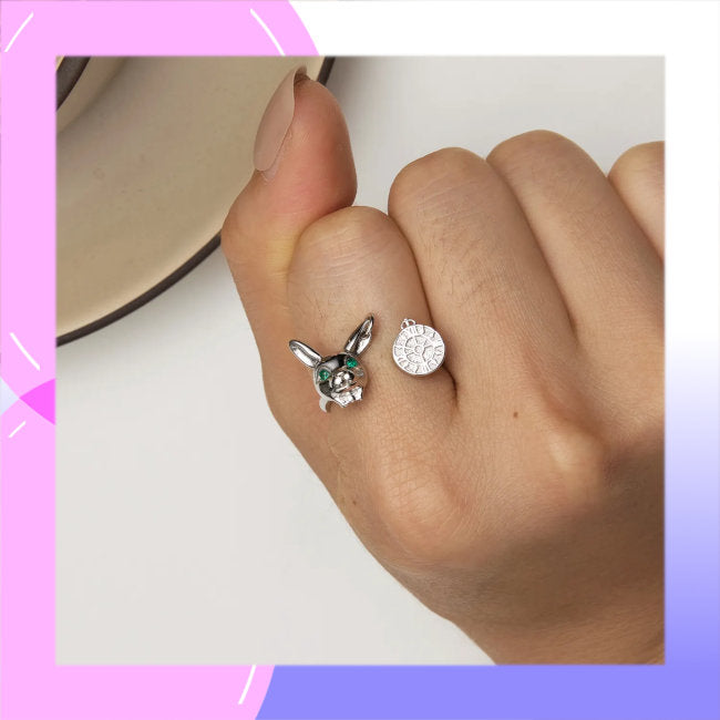 Rabbit Face & Clock Sterling Silver adjustable Ring with Spinel modelled