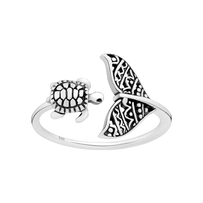 Turtle & Whale Tail Sterling Silver adjustable Ring