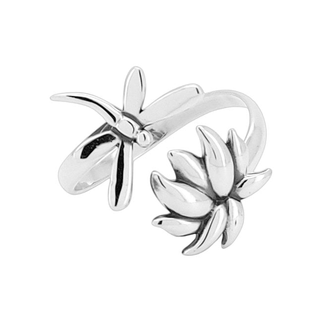 Dragonfly & Lotus Sterling Silver adjustable Ring