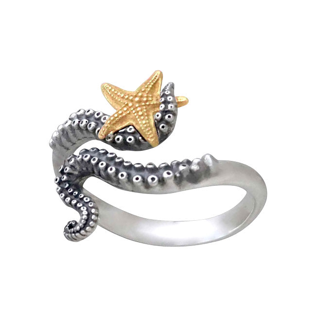Octopus & Starfish Sterling Silver & Bronze adjustable Ring