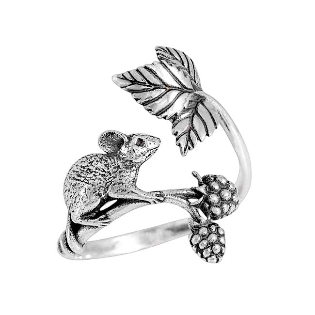 Mouse on Blackberry Branch Sterling Silver adjustable Ring