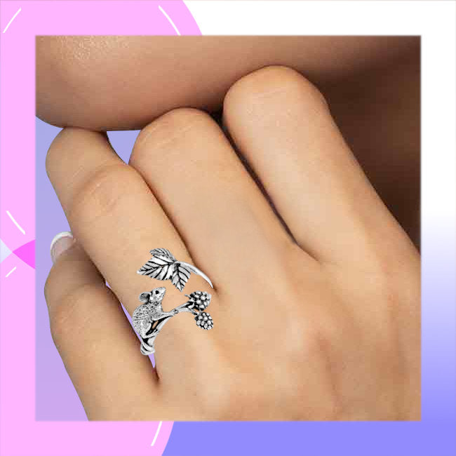 Mouse on Blackberry Branch Sterling Silver adjustable Ring modelled