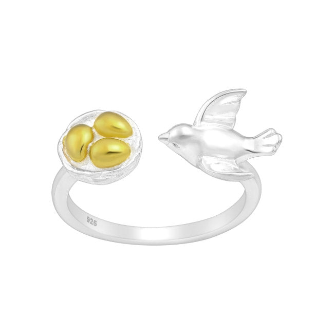 Bird with Golden Eggs Sterling Silver & 18kt Gold adjustable Ring