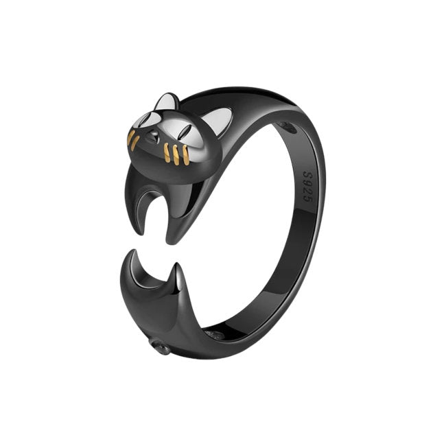 Black Cat Sterling Silver adjustable Ring with Enamels